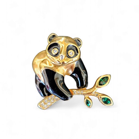 Vintage Swarovski Panda Bear on Branch Enamel & Rhinestone Brooch Pin - Picture 4 of 8